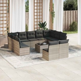 Set de sofás de jardín 12 pzas y cojines ratán sintético gris