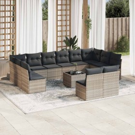 Set sofás de jardín con cojines 13 piezas ratán sintético gris