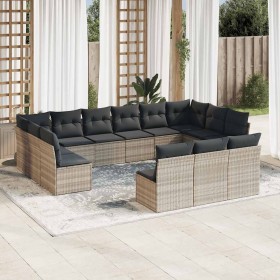 Set sofás de jardín con cojines 13 piezas ratán sintético gris