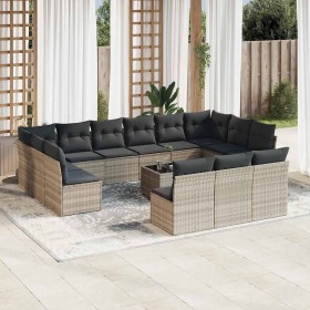 Set sofás jardín 14 pzas con cojines ratán sintético gris claro