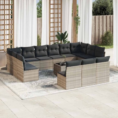 Set sofás jardín 14 pzas con cojines ratán sintético gris claro