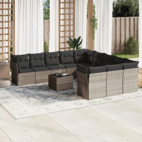 Set de sofás de jardín 12 pzas y cojines ratán sintético gris