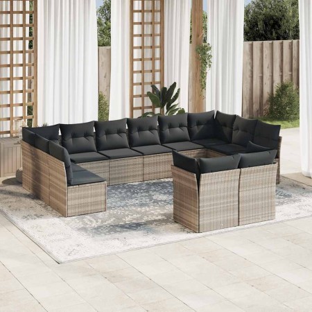 Set de sofás de jardín 12 pzas y cojines ratán sintético gris