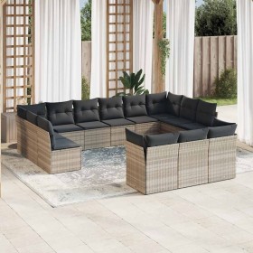 Set sofás de jardín con cojines 13 piezas ratán sintético gris