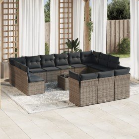 Set de sofás de jardín 14 pzas con cojines ratán sintético gris en Conjuntos de jardín | Comprar online en Foro24