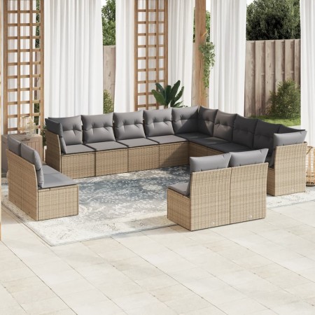 Set sofás de jardín con cojines 13 pzas ratán sintético beige
