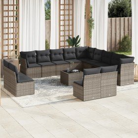 Set de sofás de jardín 14 pzas con cojines ratán sintético gris en Conjuntos de jardín | Comprar online en Foro24