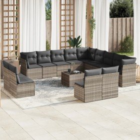 Set sofás jardín 14 pzas con cojines ratán sintético gris claro