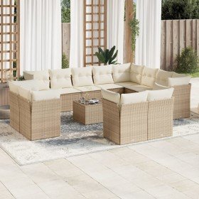 Set sofás de jardín con cojines 13 pzas ratán sintético beige