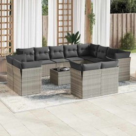Set sofás de jardín con cojines 13 piezas ratán sintético gris