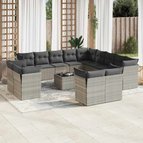 Set sofás jardín 14 pzas con cojines ratán sintético gris claro