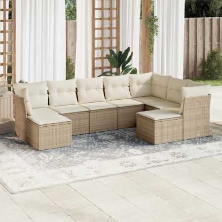 Set de sofás de jardín 9 pzas con cojines ratán sintético beige