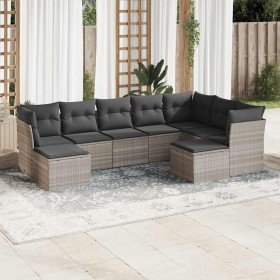 Set muebles jardín 9 pzas y cojines ratán sintético gris claro
