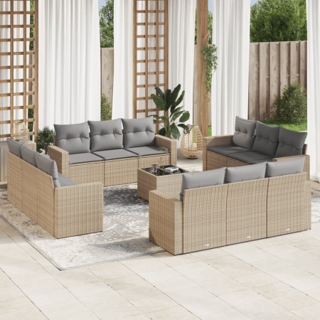 Set sofás de jardín con cojines 13 pzas ratán sintético beige