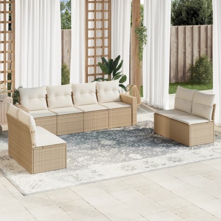 Set de sofás de jardín 9 pzas con cojines ratán sintético beige