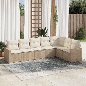 Set sofás de jardín 7 piezas y cojines ratán sintético beige
