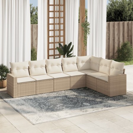Set sofás de jardín 7 piezas y cojines ratán sintético beige