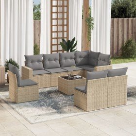 Set de sofás de jardín 9 pzas con cojines ratán sintético beige Set de sofás de jardín 9 pzas con cojines ratán sintético beige