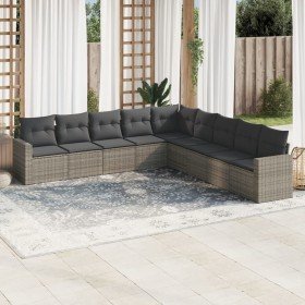 Set de muebles de jardín 9 pzas y cojines ratán sintético gris Set de muebles de jardín 9 pzas y cojines ratán sintético gris