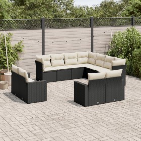 Set de sofás de jardín 11 pzas y cojines ratán sintético negro