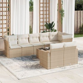 Set de sofás de jardín 9 pzas con cojines ratán sintético beige