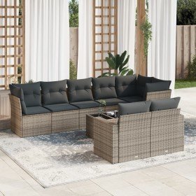 Set de muebles de jardín 9 pzas y cojines ratán sintético gris