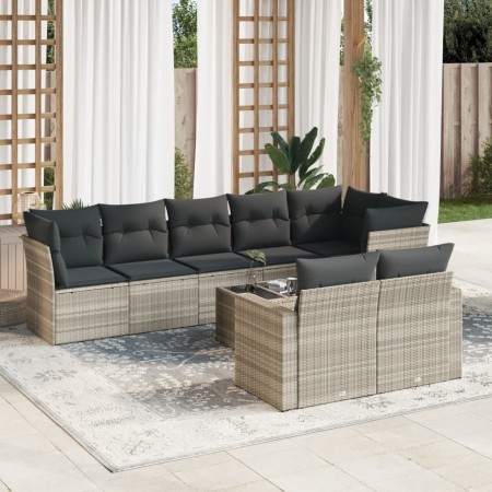Set muebles jardín 9 pzas y cojines ratán sintético gris claro