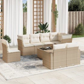 Set de sofás de jardín 9 pzas con cojines ratán sintético beige Set de sofás de jardín 9 pzas con cojines ratán sintético beige