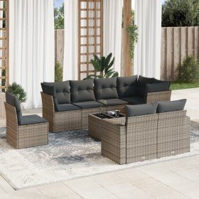 Set de muebles de jardín 9 pzas y cojines ratán sintético gris en Conjuntos de jardín | Comprar online en Foro24