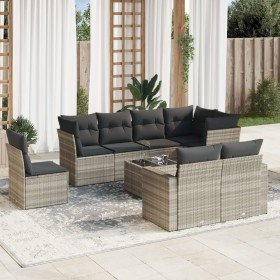Set muebles jardín 9 pzas y cojines ratán sintético gris claro en Conjuntos de jardín | Comprar online en Foro24