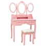 Tocador con taburete y espejo triple plegable rosa de vidaXL, Tocadores para dormitorios - Ref: Foro24-289327, Precio: 174,85...