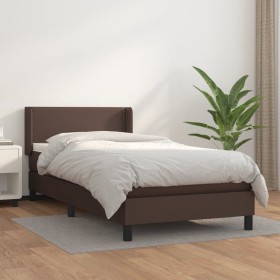 Cama box spring con colchón cuero sintético marrón 90x200 cm