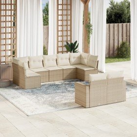 Set de sofás de jardín 9 pzas con cojines ratán sintético beige Set de sofás de jardín 9 pzas con cojines ratán sintético beige
