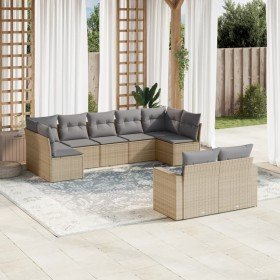 Set de sofás de jardín 9 pzas con cojines ratán sintético beige Set de sofás de jardín 9 pzas con cojines ratán sintético beige
