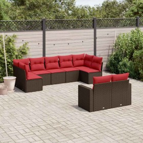 Set de sofás de jardín 9 pzas y cojines ratán sintético marrón