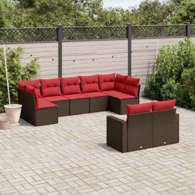 Set de sofás de jardín 9 pzas y cojines ratán sintético marrón