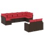 Set de sofás de jardín 9 pzas y cojines ratán sintético marrón
