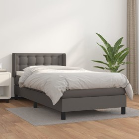 Cama box spring con colchón cuero sintético gris 90x200 cm