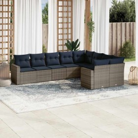 Set de sofás de jardín 9 pzas con cojines ratán sintético gris