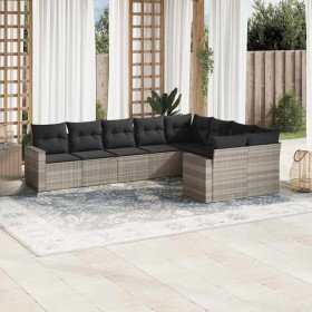 Set muebles jardín 9 pzas y cojines ratán sintético gris claro