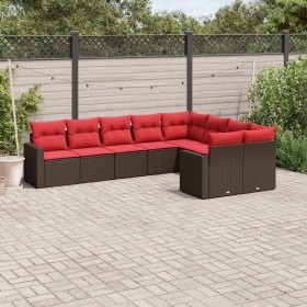 Set de sofás de jardín 9 pzas y cojines ratán sintético marrón