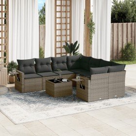 Set de muebles de jardín 9 pzas y cojines ratán sintético gris