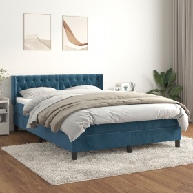 Cama box spring con colchón terciopelo azul oscuro 140x200 cm