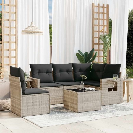Set de sofás de jardín 6 pzas y cojines ratán sintético gris