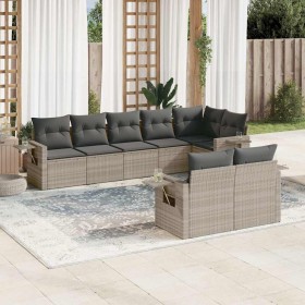 Set de sofás de jardín 8 pzas y cojines ratán sintético gris