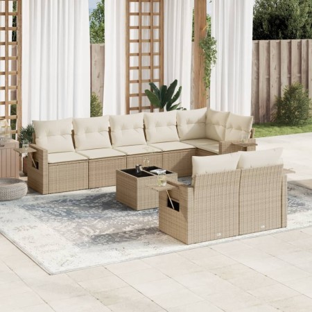 Set de sofás de jardín 9 pzas con cojines ratán sintético beige