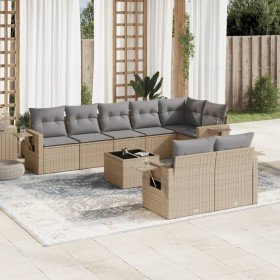 Set de sofás de jardín 9 pzas con cojines ratán sintético beige Set de sofás de jardín 9 pzas con cojines ratán sintético beige