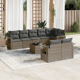 Set de muebles de jardín 9 pzas y cojines ratán sintético gris