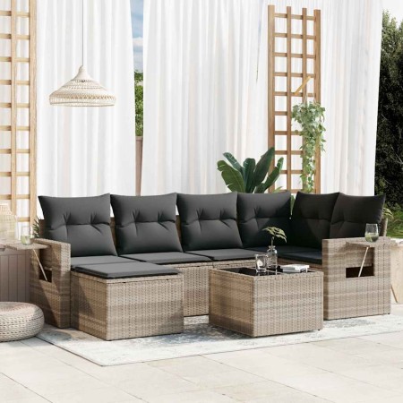 Set de sofás de jardín 7 pzas con cojines ratán PE gris claro