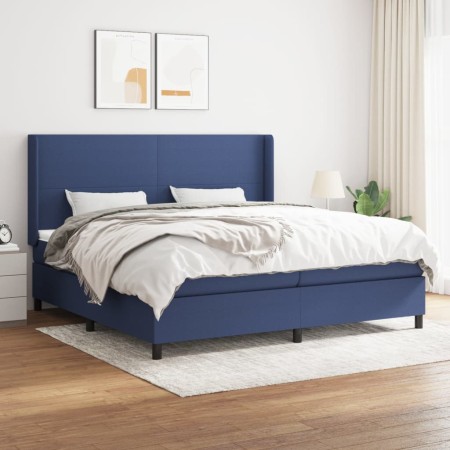 Cama box spring con colchón tela azul 200x200 cm